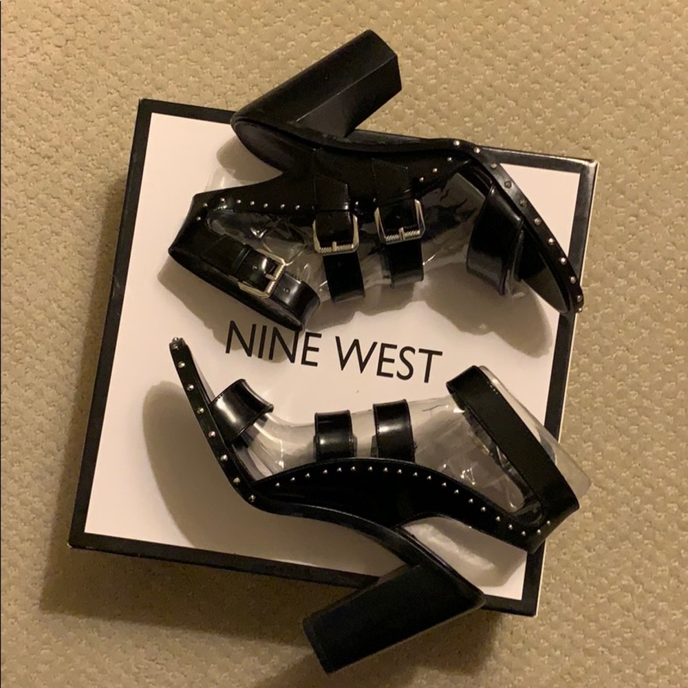 Nine West black leather strappy heels